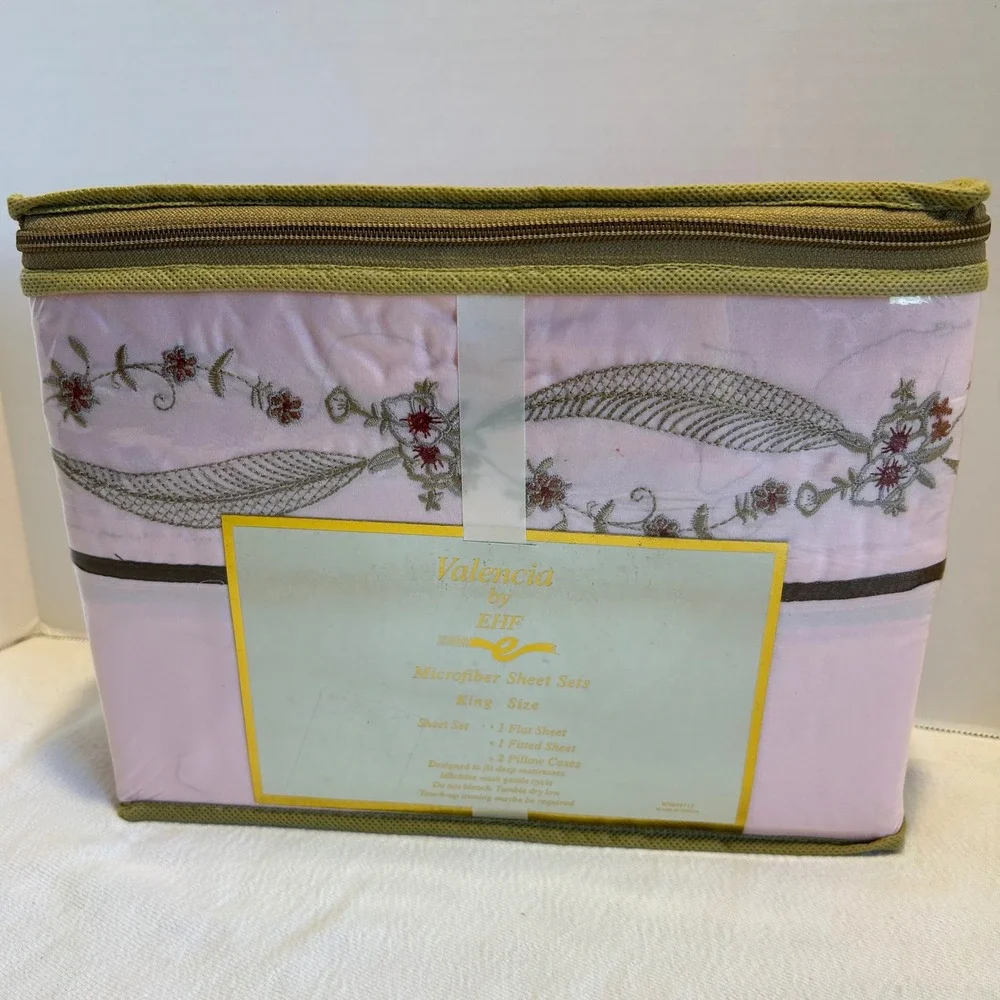 Valencia‎ King Sheet Set Pink Floral Embroidered 4 Pc Microfiber Vintage Style